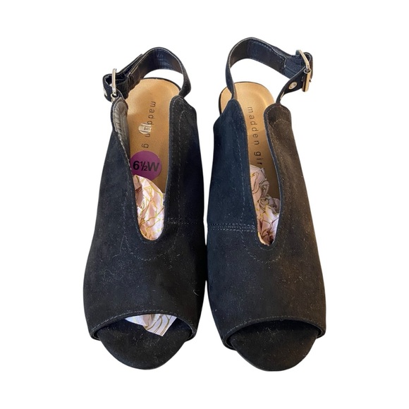 Madden Girl Black Suede Peep-Toe Slingback Heels – Size 6.5W - Picture 2 of 6